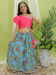 Chanderi Floral Print Off Shoulder Choli with Lehenga for Girls- Pink