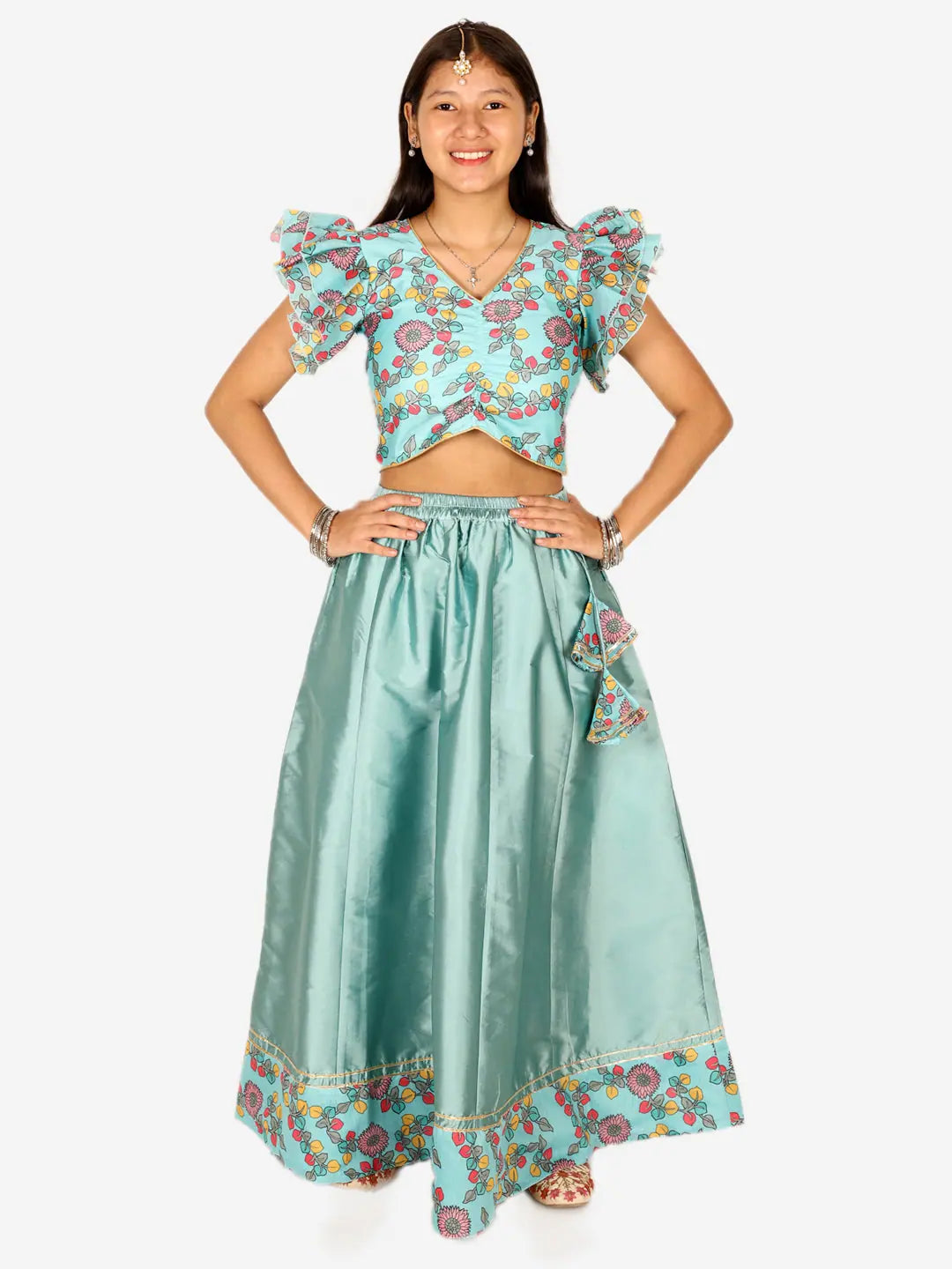 Blue Floral Lehenga Choli Set - Girls Cotton Indian Wear