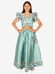 Chanderi Floral Print Choli with Lehenga for Girls- Blue