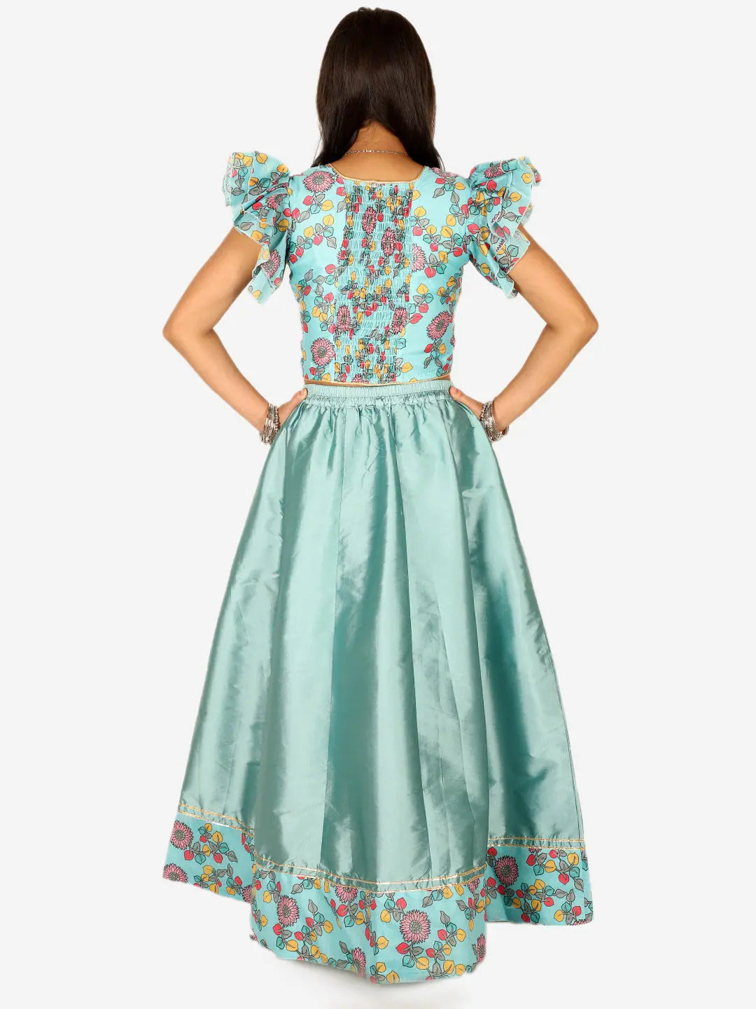 Blue Floral Lehenga Choli Set - Girls Cotton Indian Wear