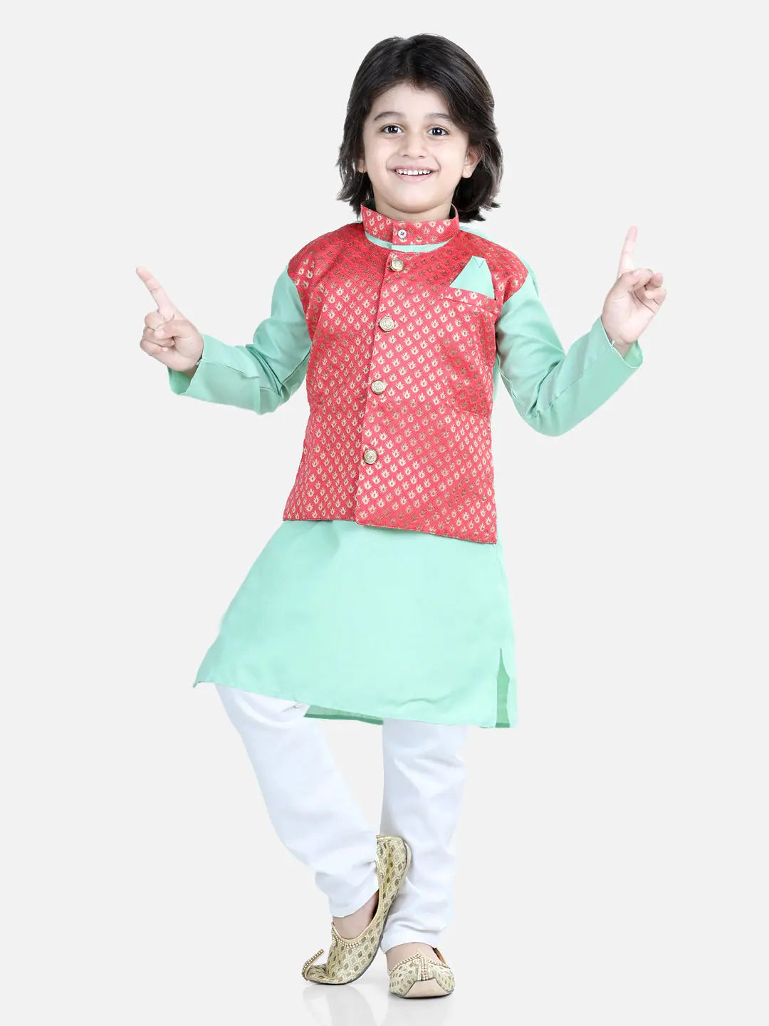 Green Jacquard Jacket Kurta Pajama - Boys Indian Wear | BownBee