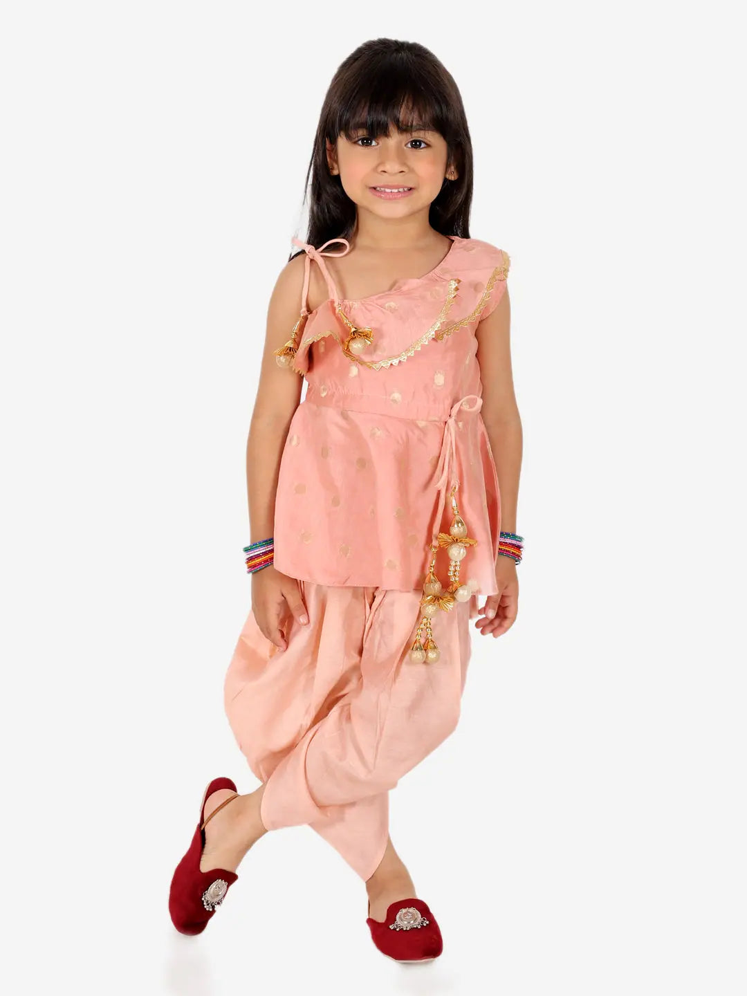 Peach Ethnic Kurti Dhoti Set - Girls Indian Wear Chanderi Silk