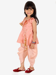 Ethnic Chanderi Silk Sibling set Indo Western Peplum Kurti with Dhoti for Girls- Peach