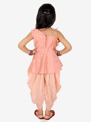 Ethnic Chanderi Silk Sibling set Indo Western Peplum Kurti with Dhoti for Girls- Peach