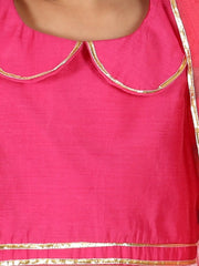 Ethnic Chanderi Choli and Floral print Net Lehenga with Attached Dupatta for Baby Girls- Pink