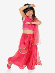 Ethnic Chanderi Choli and Floral print Net Lehenga with Attached Dupatta for Baby Girls- Pink