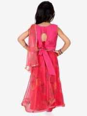 Ethnic Chanderi Choli and Floral print Net Lehenga with Attached Dupatta for Baby Girls- Pink