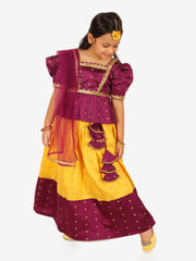 Ethnic Sibling Sets Puff Sleeve Choli Lehenga with Dupatta for Girls- Purple