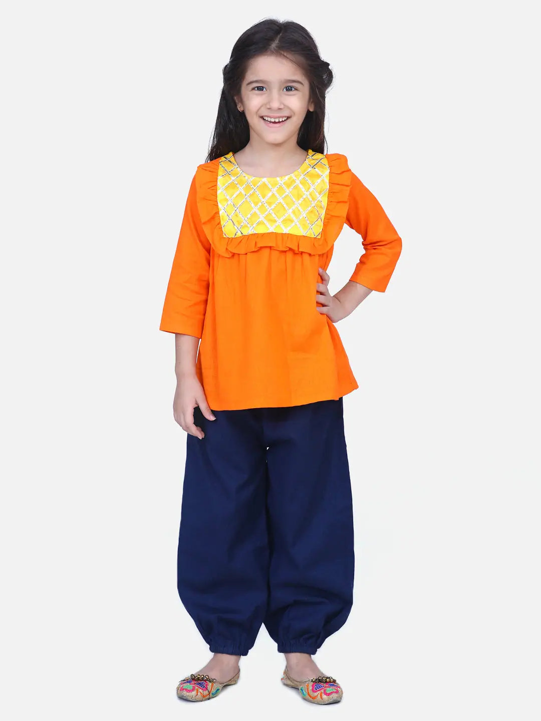 Orange Cotton Top & Harem Pants Set | Girls Indian Wear Outfit