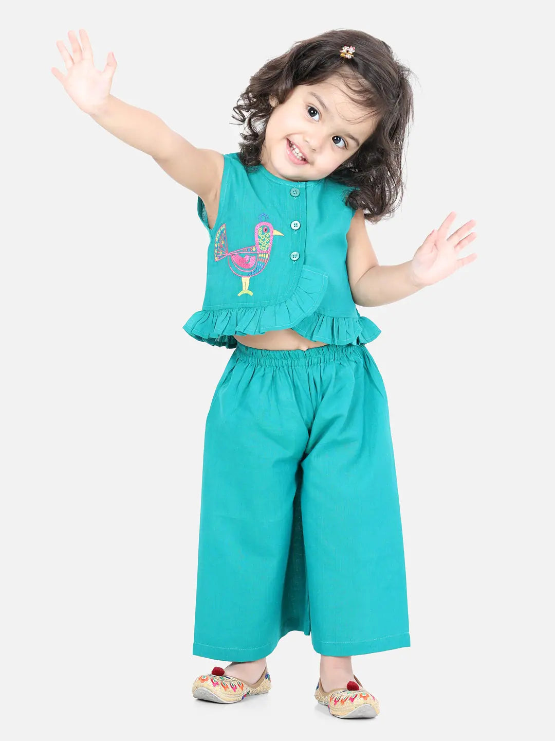 Girls Green Cotton Bird Embroidered Top Palazzo Set | Indian Wear