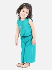 Girls Cotton Bird Embroidered Top Palazzo indo Western Clothing -Green