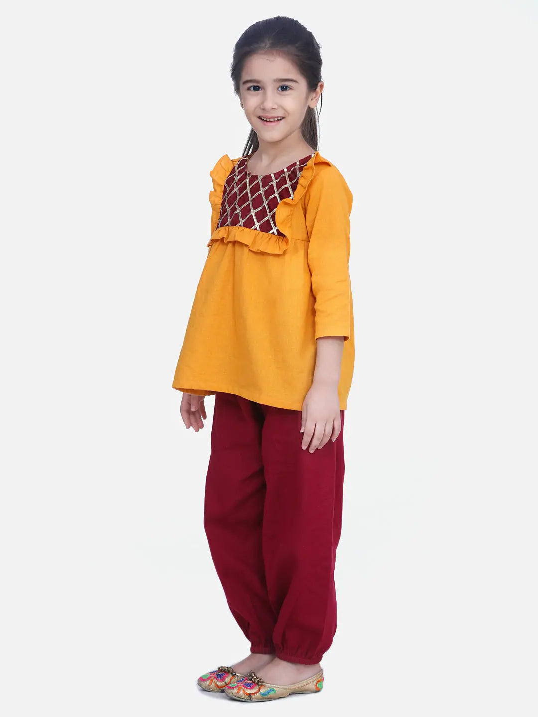 Yellow Cotton Top with Harem Pant Set - Girls Indian Wear