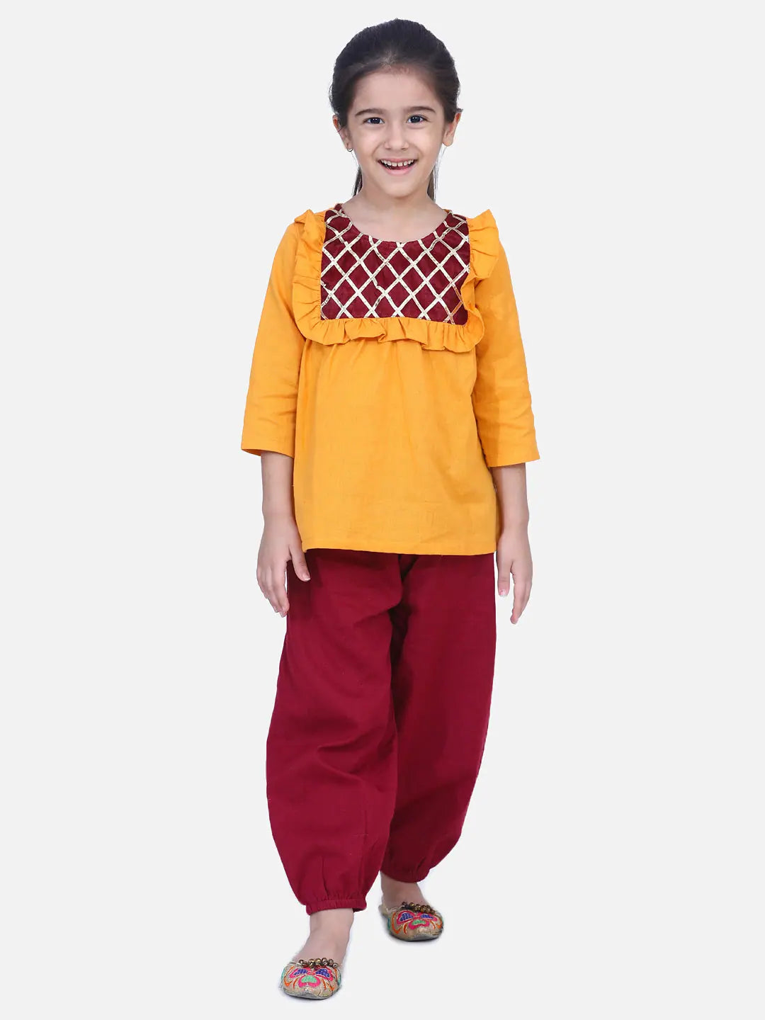 Yellow Cotton Top with Harem Pant Set - Girls Indian Wear