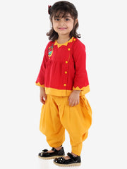 Girls Cotton Mor Embroidery Top Dhoti Indo Western Clothing Sets- Red