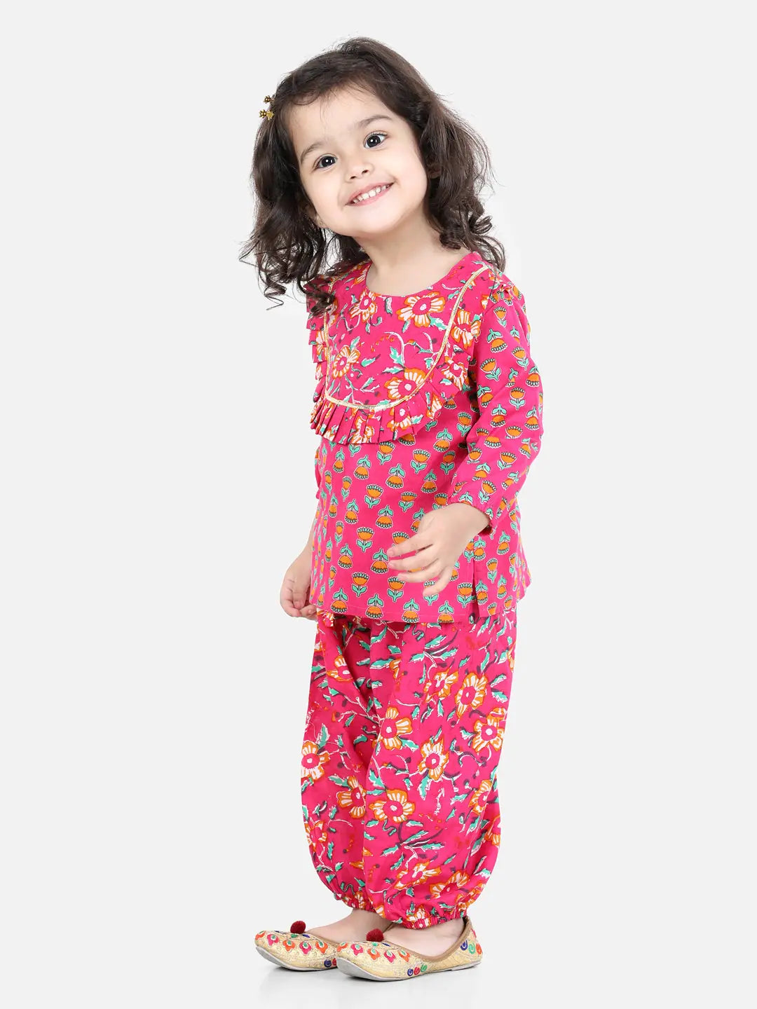 Girls Indian Wear - Cotton Printed Top Harem Pant Set - Pink