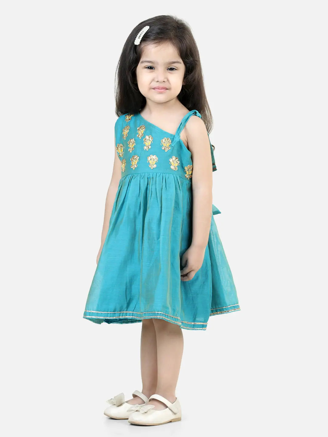 Teal Gota Patti Chanderi Frock & Dress - Girls Indian Wear