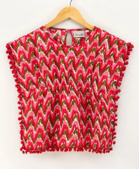 Girls Printed Cotton Kaftan with Pompom Tops - Pink