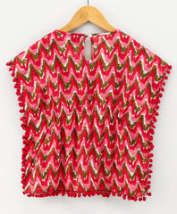 Girls Printed Cotton Kaftan with Pompom Tops - Pink