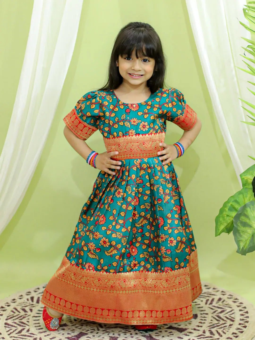 Green Kalamkari Print Silk Gown | Girls Indian Wear