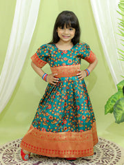 Kalamkari Print Party Dress Gown for Girls- Green