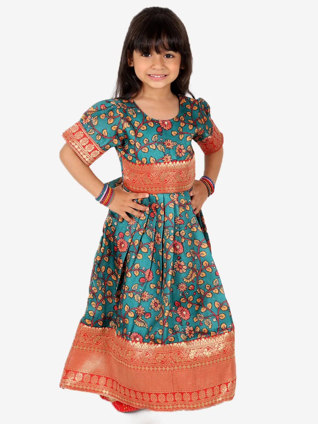 Green Kalamkari Print Silk Gown | Girls Indian Wear