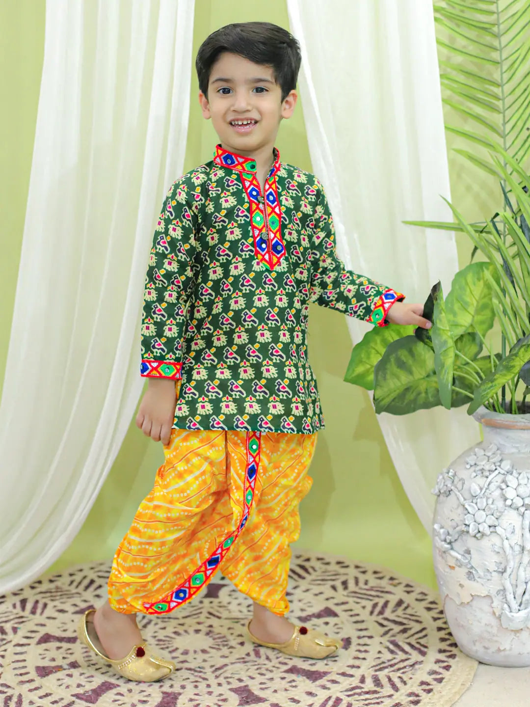 Green Printed Cotton Kurta Dhoti Set for Boys | BownBee