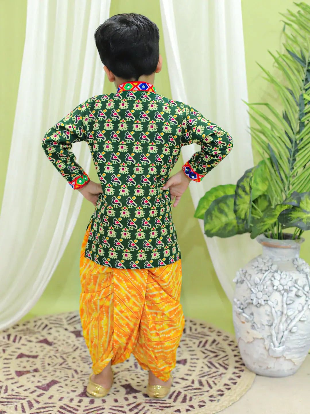 Green Printed Cotton Kurta Dhoti Set for Boys | BownBee