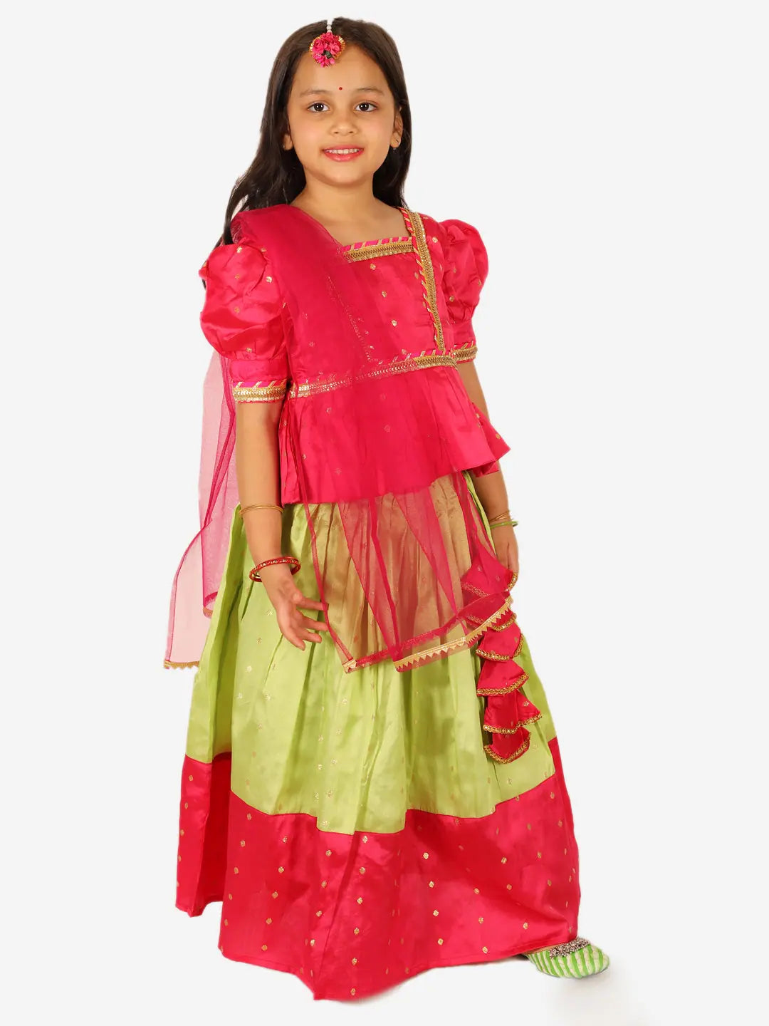 Pink Puff Sleeve Lehenga Choli with Dupatta | Girls Indian Wear