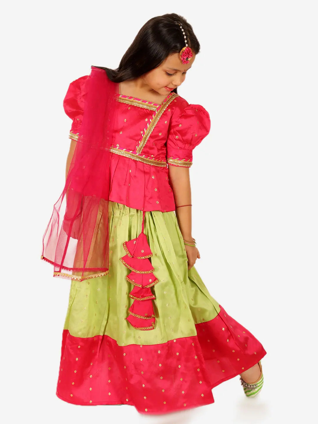 Pink Puff Sleeve Lehenga Choli with Dupatta | Girls Indian Wear