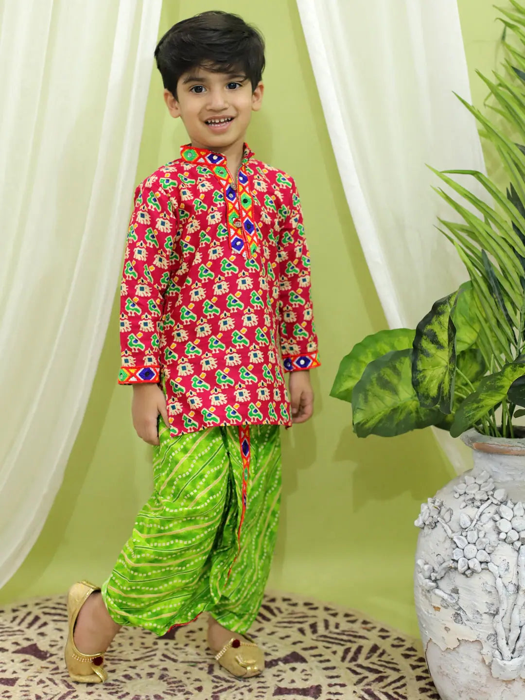 Printed Cotton Kurta Dhoti Set for Boys - Maroon | BownBee