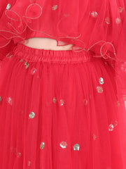 Sequin Net Lehenga with Ruffle Choli with Dupatta- Red
