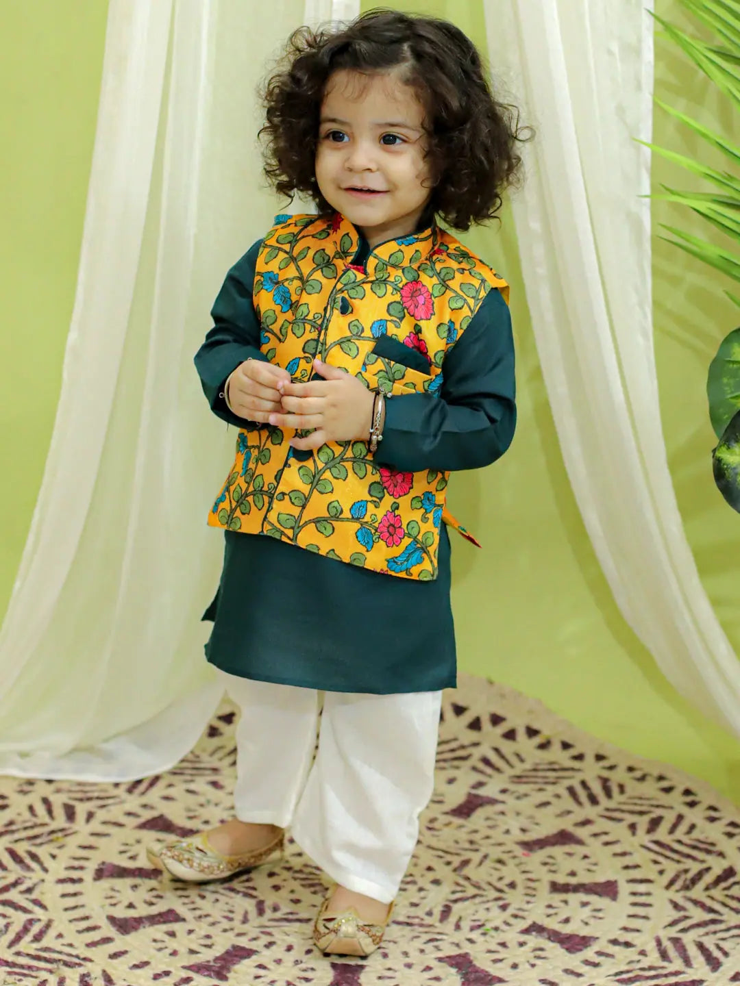 Boys Indian Wear - Kalamkari Print Kurta Pajama - BownBee Yellow