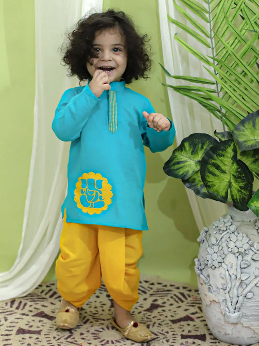 BownBee Boys Ethnic Festive Wear Ganesh Embroidery Cotton Dhoti Kurta for Boys- Green 1080