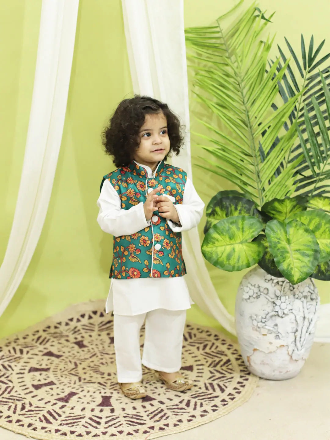 BownBee Green Kalamkari Jacket with Kurta Pajama for Boys