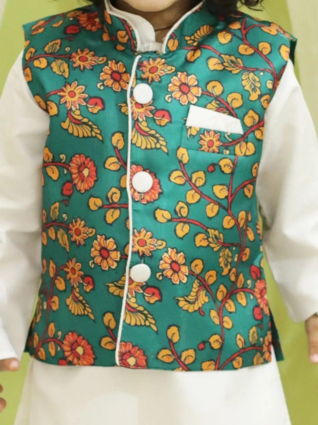 BownBee Green Kalamkari Jacket with Kurta Pajama for Boys