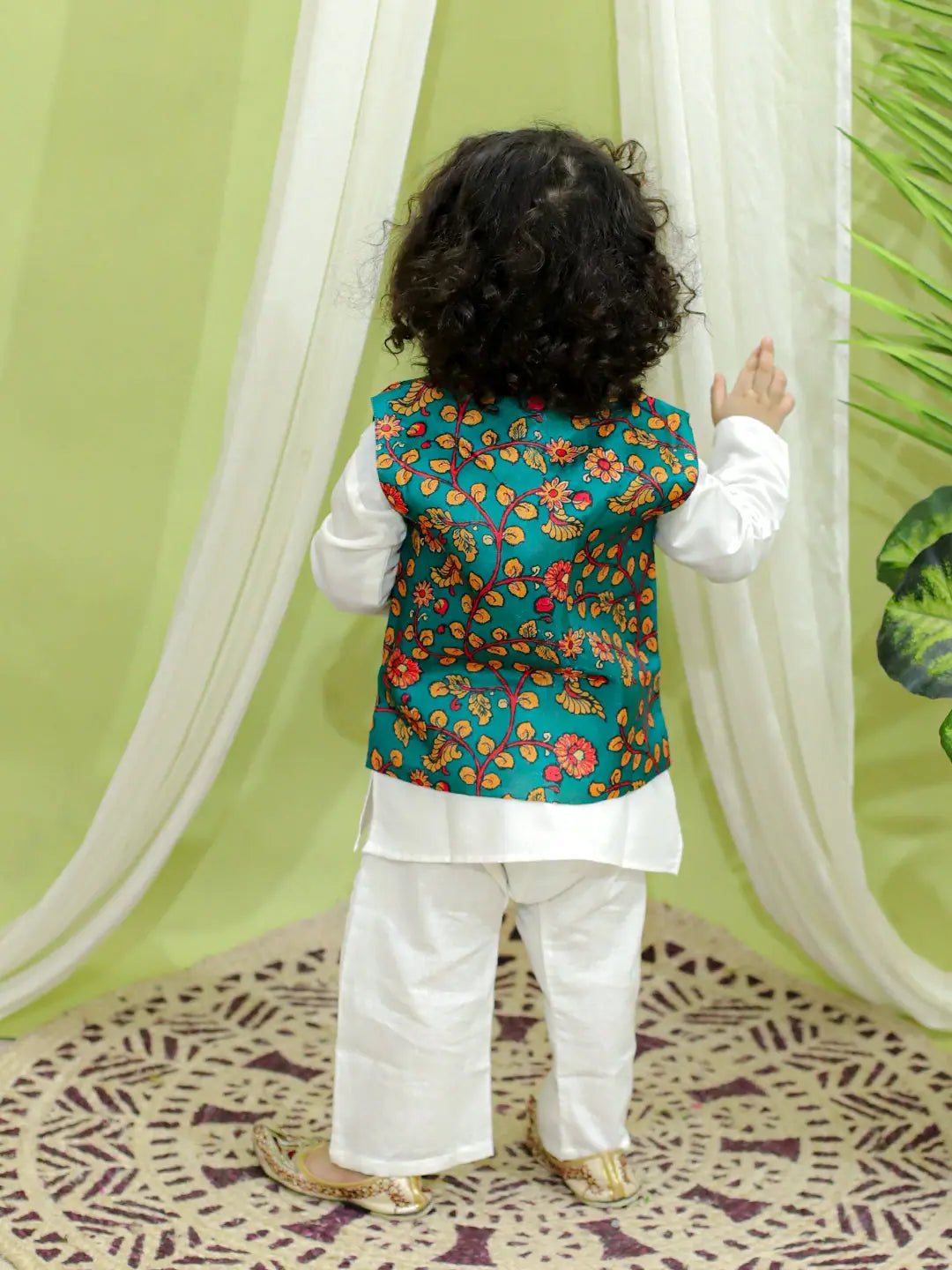 BownBee Green Kalamkari Jacket with Kurta Pajama for Boys