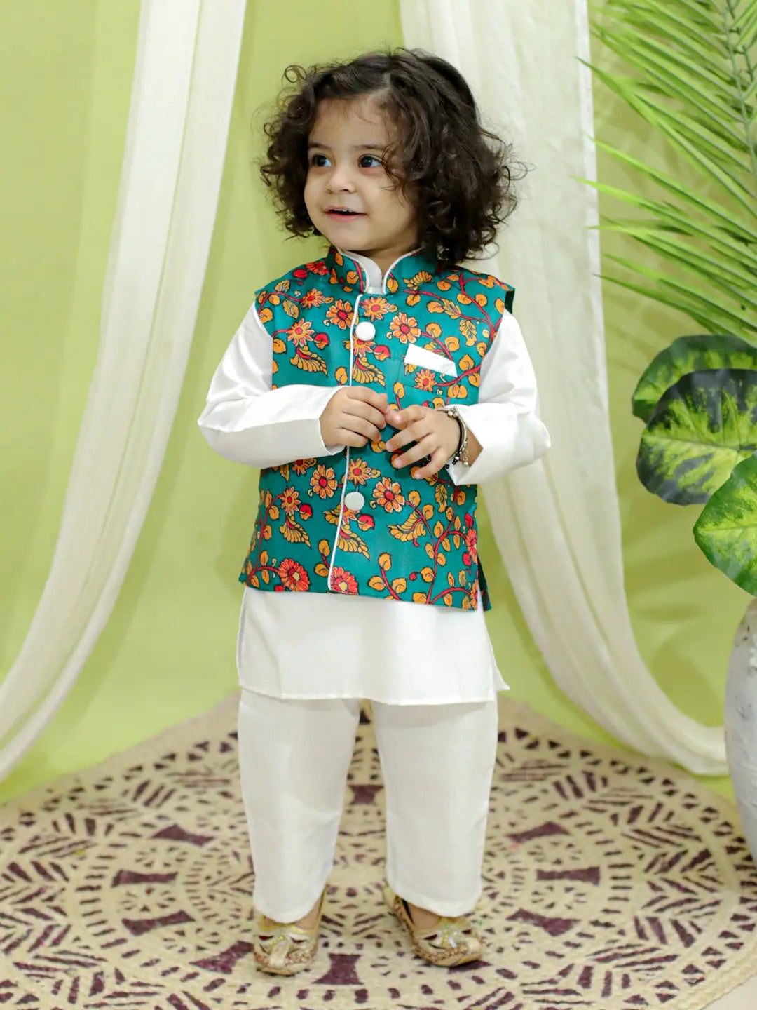 BownBee Green Kalamkari Jacket with Kurta Pajama for Boys