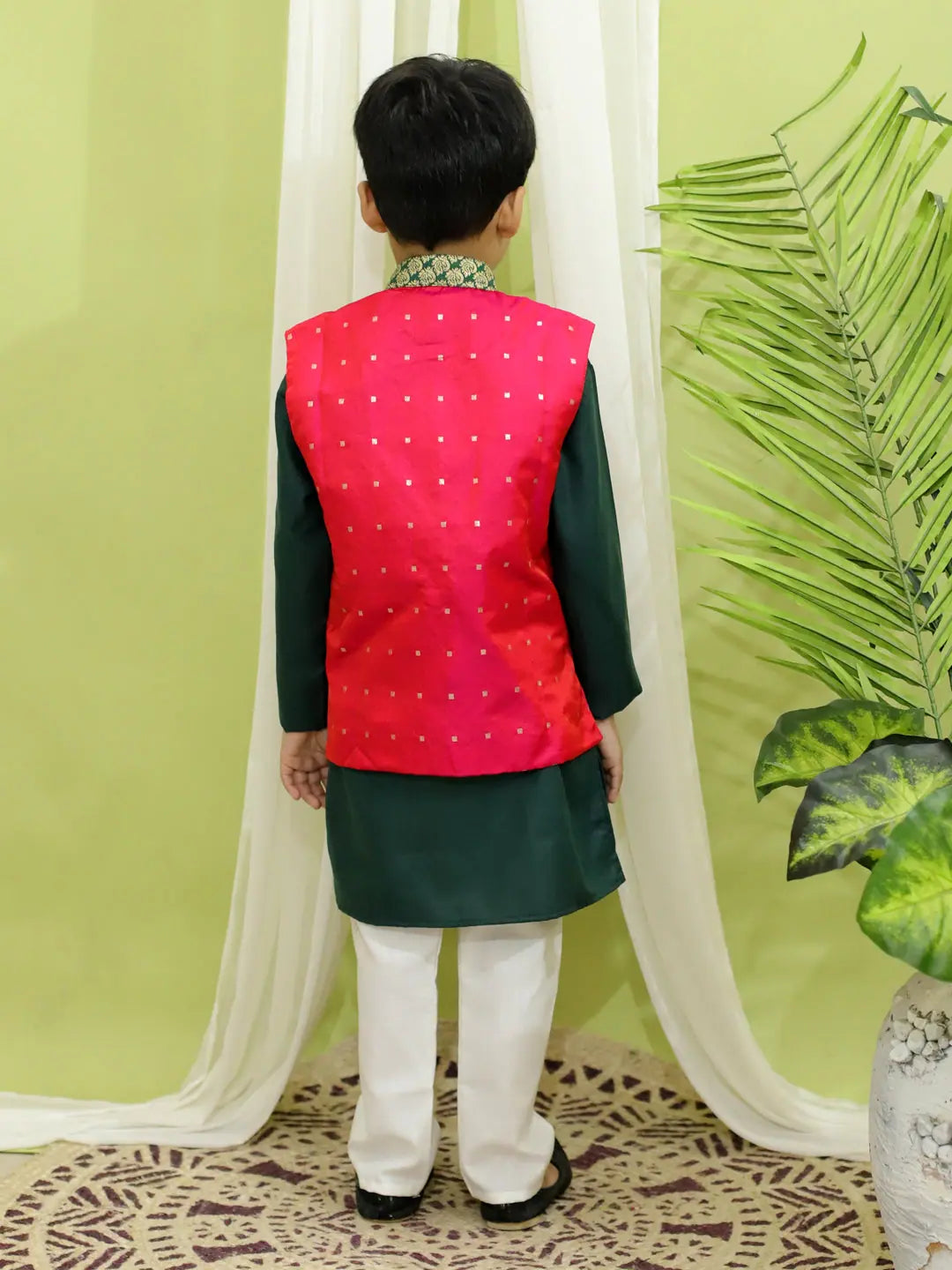 BownBee Boys' Pink Silk Jacket with Kurta Pajama Set