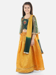 Girls Ethnic Festive Wear Jacquard Flared Sleeve Top with Silk Lehenga with Dupatta- Green