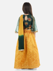 Girls Ethnic Festive Wear Jacquard Flared Sleeve Top with Silk Lehenga with Dupatta- Green