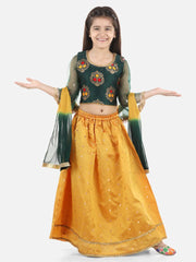Girls Ethnic Festive Wear Jacquard Flared Sleeve Top with Silk Lehenga with Dupatta- Green