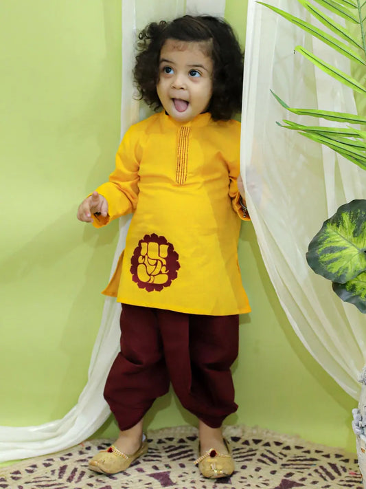 BownBee Boys Ethnic Festive Wear Ganesh Embroidery Cotton Dhoti Kurta for Boys- Yellow 1080