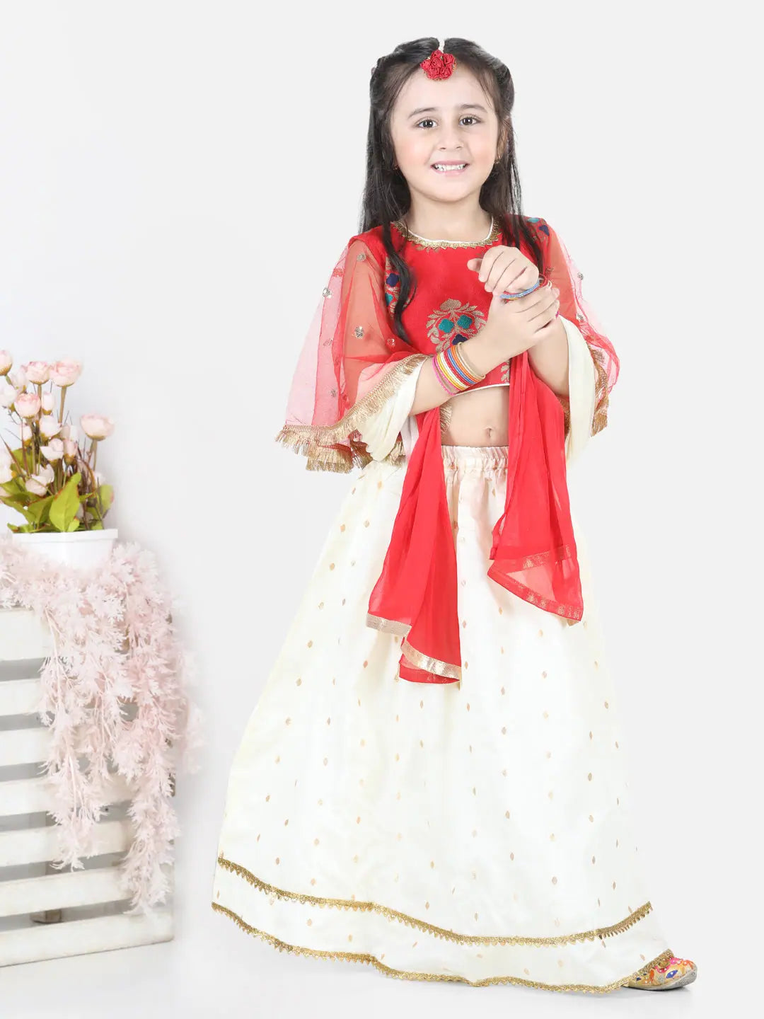 Red Girls Lehenga with Jacquard Top | Indian Festive Outfits