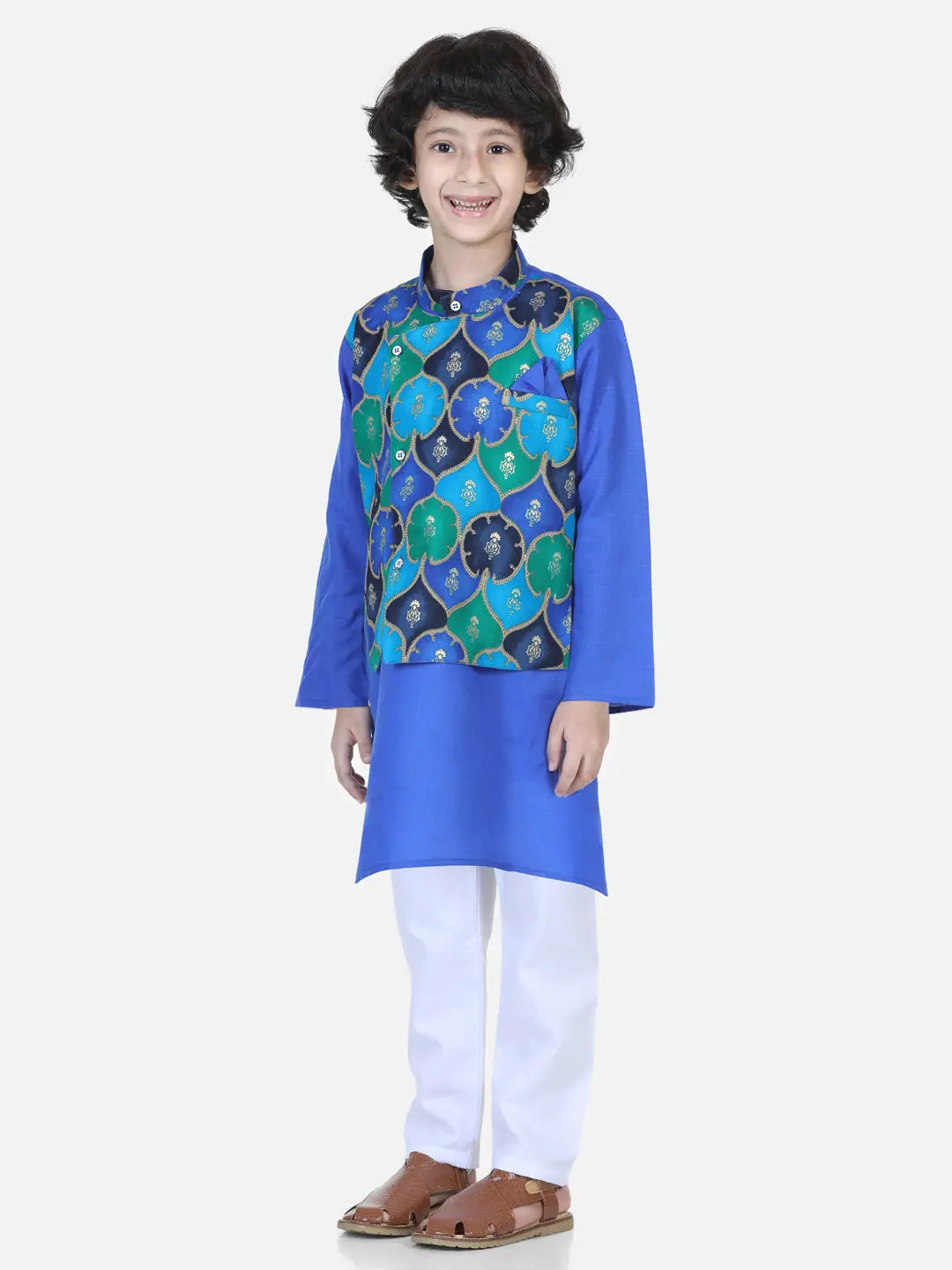 Boys Indian Wear: Blue Printed Kurta Pajama with Attached Jacket