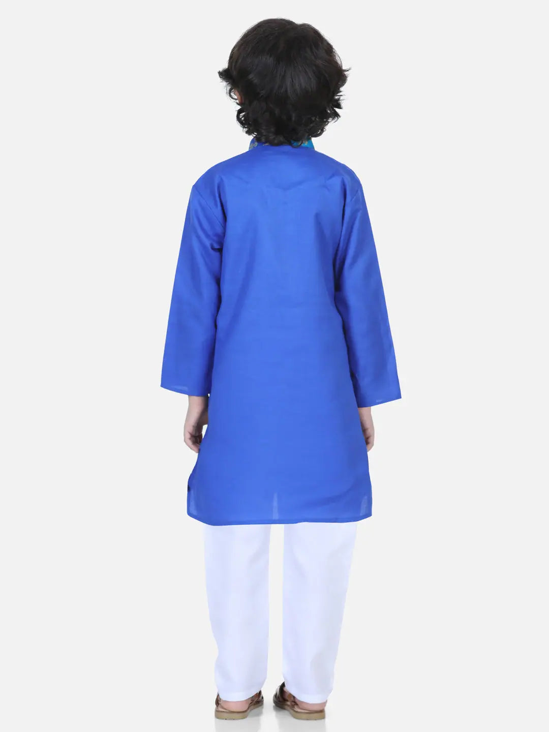 Boys Indian Wear: Blue Printed Kurta Pajama with Attached Jacket