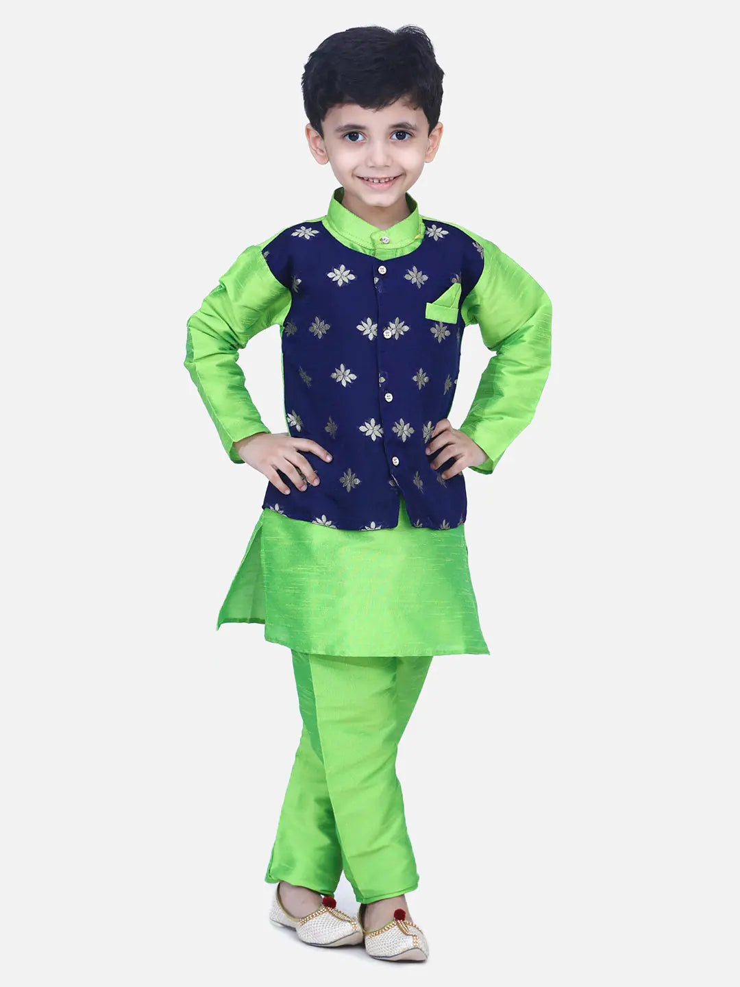 Boys Ethnic Wear - Green Chiffon Jacket Kurta Pajama | BownBee