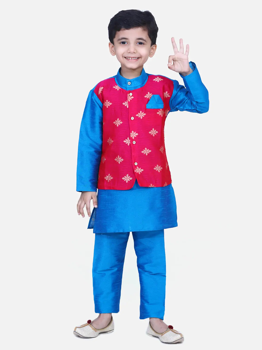 Boys Ethnic Wear - Blue Chiffon Jacket Kurta Pajama | BownBee
