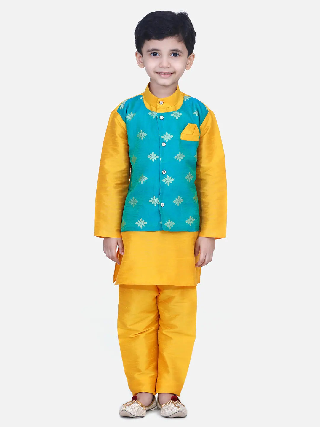 Boys Orange Chiffon Jacket Kurta Pajama | BownBee Ethnic Wear