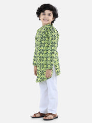 BownBee Boys Cotton Floral printed Asymmetric Front Open Kurta Pajama- Yellow