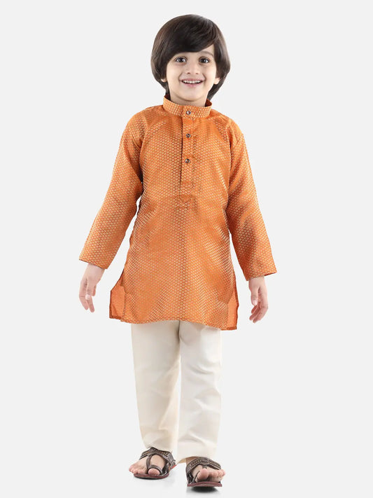BownBee Boys Ethnic Full Sleeve Jacquard Kurta Pajama- Orange 1080